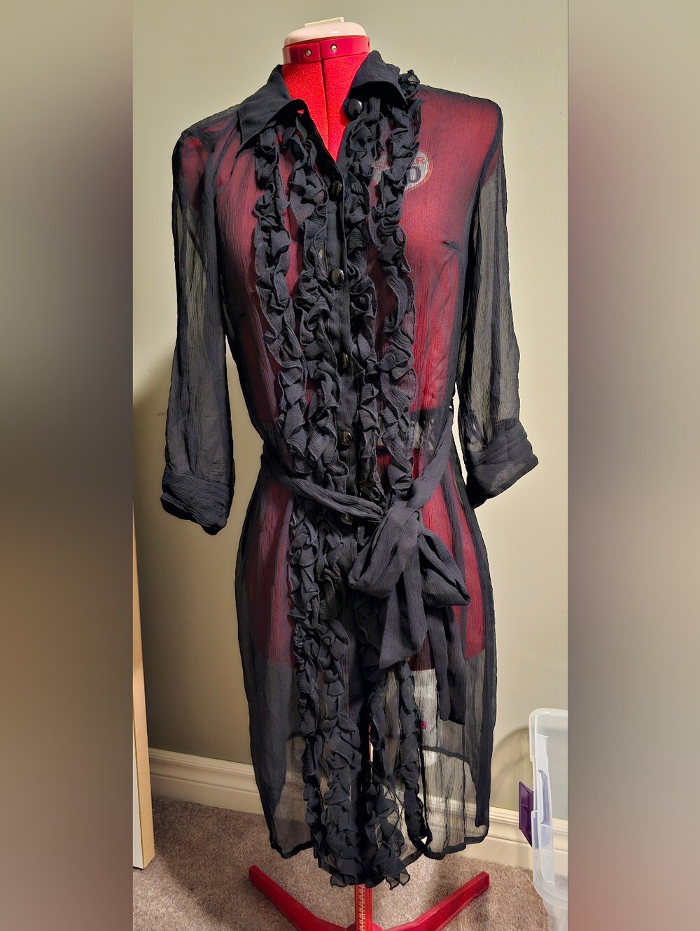 WD.NY Black Sheer Ruffle-Front Tie Dress